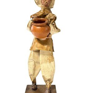 VTG Papier Mache Mexican Folk Art 12 inch male figurine carrying a pottery bowl